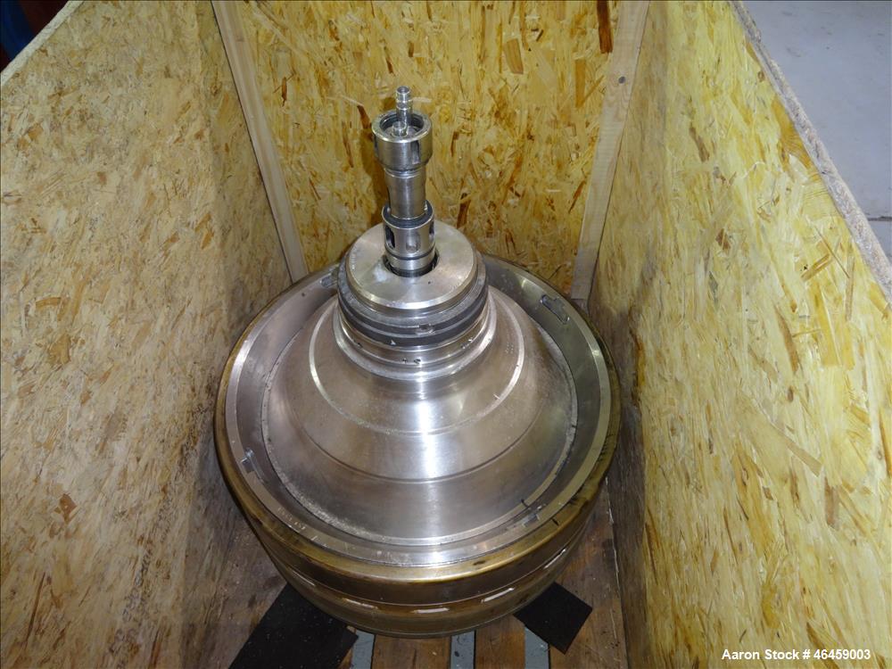 Used Westfalia SB-80-33-177 Desludger Disc Centrifuge. 316 Stainless steel construction (product contact areas), maximum bowl speed 4420 rpm, separator design (Liquid/liquid/solids separation), self-...