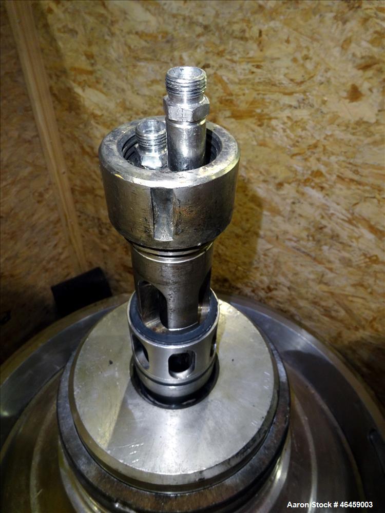 Used Westfalia SB-80-33-177 Desludger Disc Centrifuge. 316 Stainless steel construction (product contact areas), maximum bowl speed 4420 rpm, separator design (Liquid/liquid/solids separation), self-...