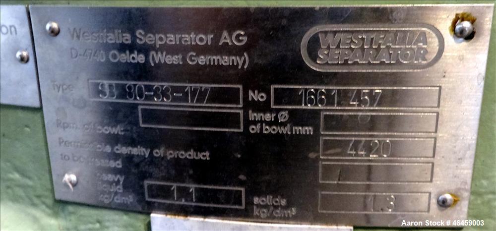 Used Westfalia SB-80-33-177 Desludger Disc Centrifuge. 316 Stainless steel construction (product contact areas), maximum bowl speed 4420 rpm, separator design (Liquid/liquid/solids separation), self-...