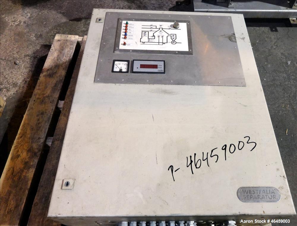 Used Westfalia SB-80-33-177 Desludger Disc Centrifuge. 316 Stainless steel construction (product contact areas), maximum bowl speed 4420 rpm, separator design (Liquid/liquid/solids separation), self-...