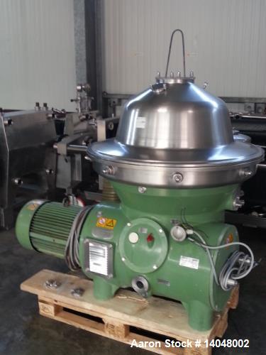 Used Westfalia SB-80-36-076 Desludger Disc Centrifuge. 316 stainless steel on product contact areas. Max bowl speed 4500 rpm, self-thinking solids discharge design, centripetal pump liquid discharge,...
