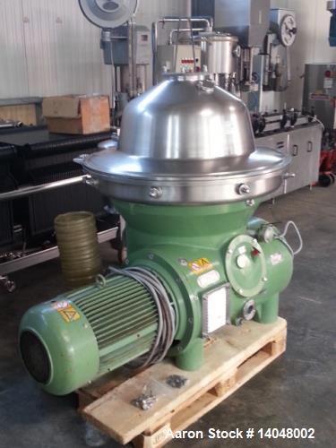 Used Westfalia SB-80-36-076 Desludger Disc Centrifuge. 316 stainless steel on product contact areas. Max bowl speed 4500 rpm, self-thinking solids discharge design, centripetal pump liquid discharge,...