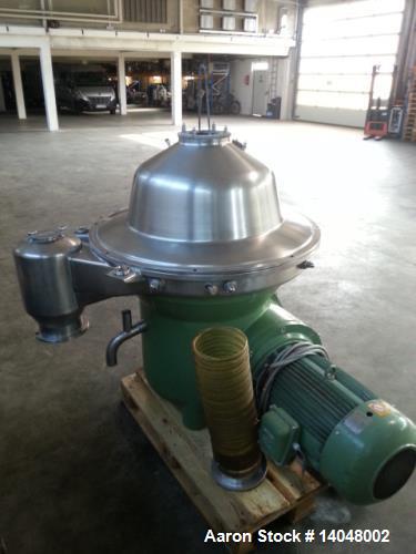 Used Westfalia SB-80-36-076 Desludger Disc Centrifuge. 316 stainless steel on product contact areas. Max bowl speed 4500 rpm, self-thinking solids discharge design, centripetal pump liquid discharge,...