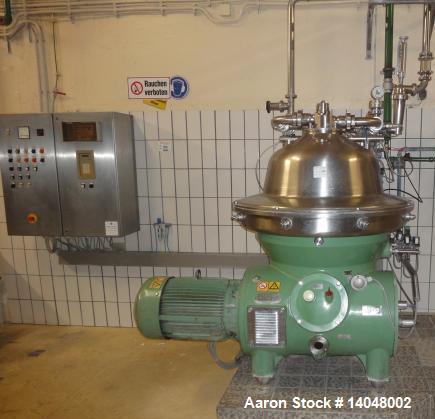 Used Westfalia SB-80-36-076 Desludger Disc Centrifuge. 316 stainless steel on product contact areas. Max bowl speed 4500 rpm, self-thinking solids discharge design, centripetal pump liquid discharge,...