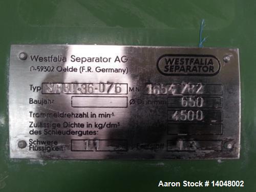 Used Westfalia SB-80-36-076 Desludger Disc Centrifuge. 316 stainless steel on product contact areas. Max bowl speed 4500 rpm, self-thinking solids discharge design, centripetal pump liquid discharge,...