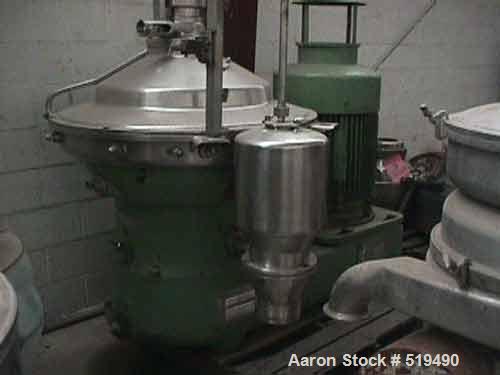 Used Westfalia SB-80-47-177 Desludger Disc Centrifuge, 316 stainless steel construction on product contact areas. Maximum bowl speed 4420 rpm, clarifier design,  hydro-hermetic design, centripetal pu...