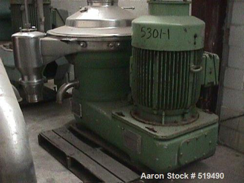 Used Westfalia SB-80-47-177 Desludger Disc Centrifuge, 316 stainless steel construction on product contact areas. Maximum bowl speed 4420 rpm, clarifier design,  hydro-hermetic design, centripetal pu...