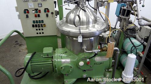 Used Westfalia SB-14-36-076 Desluder Disc Centrifuge. 316 Stainless Steel on product contact areas. Maximum bowl speed 7570 rpm. clarifier design (liquid/solid separation), self-thinking solids disch...