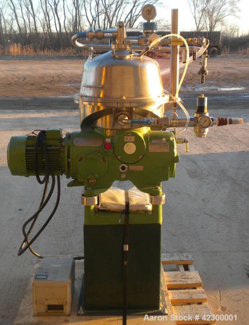 Used Westfalia SB-7-06-076 Desludger Disc Centrifuge, 316 stainless steel construction on product contact areas, clarifier design, centripetal pump liquid discharge, direct drive configuration, appro...