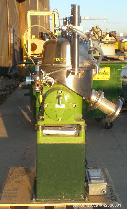 Used Westfalia SB-7-06-076 Desludger Disc Centrifuge, 316 stainless steel construction on product contact areas, clarifier design, centripetal pump liquid discharge, direct drive configuration, appro...