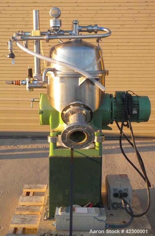 Used Westfalia SB-7-06-076 Desludger Disc Centrifuge, 316 stainless steel construction on product contact areas, clarifier design, centripetal pump liquid discharge, direct drive configuration, appro...