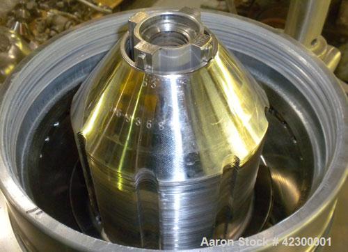 Used Westfalia SB-7-06-076 Desludger Disc Centrifuge, 316 stainless steel construction on product contact areas, clarifier design, centripetal pump liquid discharge, direct drive configuration, appro...