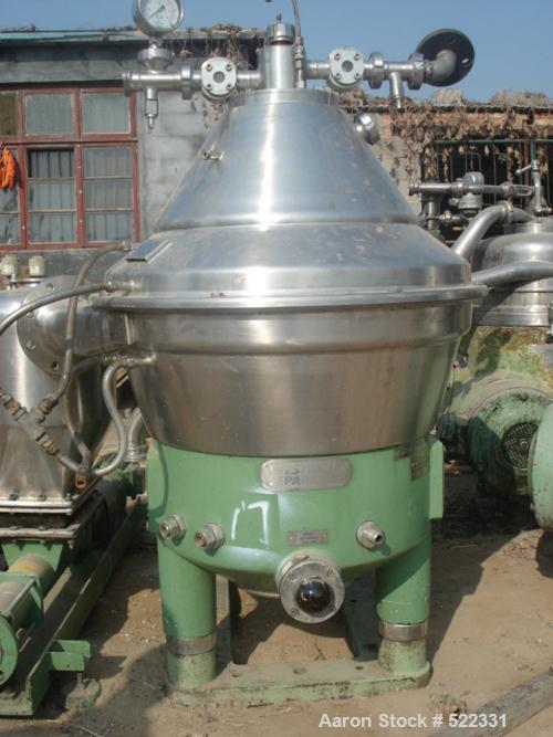 USED: Westfalia high speed clarifying centrifuge, model SC 35-06-177.All wetted parts sanitary stainless steel, 18.5 kw v-belt main drive.Bowl is rated for 7,230 rpm with specific gravities of 1.1 li...