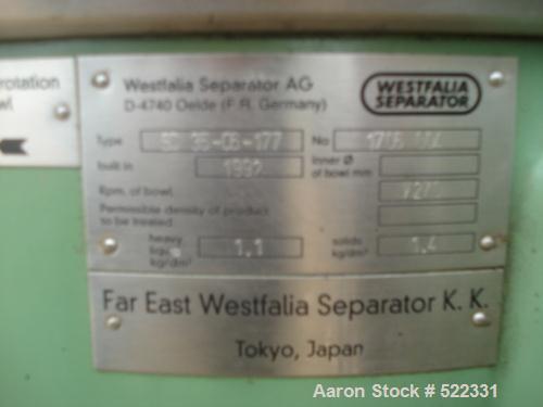 USED: Westfalia high speed clarifying centrifuge, model SC 35-06-177.All wetted parts sanitary stainless steel, 18.5 kw v-belt main drive.Bowl is rated for 7,230 rpm with specific gravities of 1.1 li...