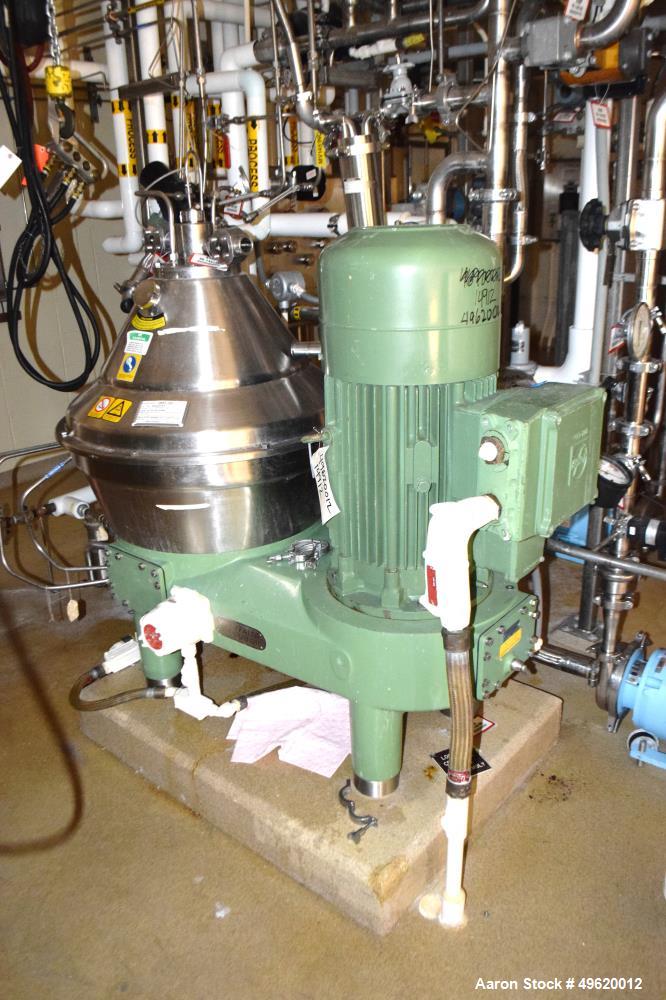 Used Westfalia SC 35-06-577 Desludger Disc Centrifuge. Stainless steel construction on product contact areas, maximum bowl speed 7230 rpm, clarifier design (liquid/solids separation) centripetal pump...
