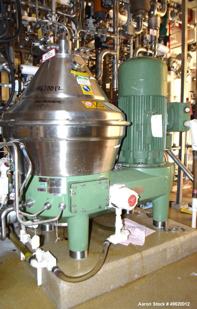 Used Westfalia SC 35-06-577 Desludger Disc Centrifuge. Stainless steel construction on product contact areas, maximum bowl speed 7230 rpm, clarifier design (liquid/solids separation) centripetal pump...