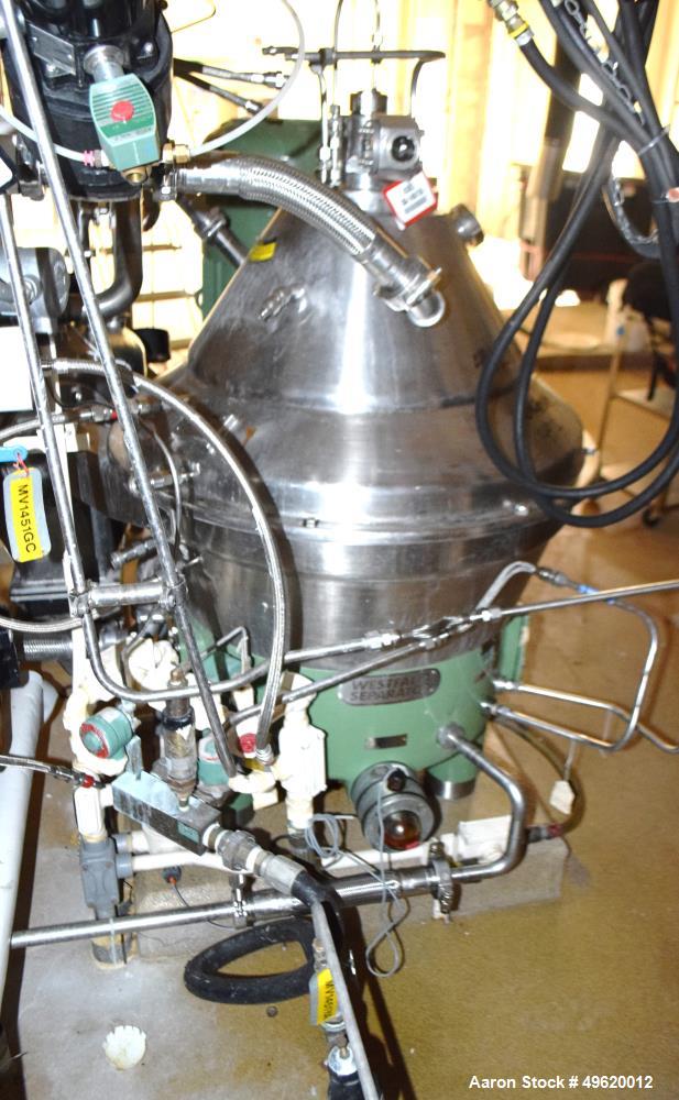 Used Westfalia SC 35-06-577 Desludger Disc Centrifuge. Stainless steel construction on product contact areas, maximum bowl speed 7230 rpm, clarifier design (liquid/solids separation) centripetal pump...