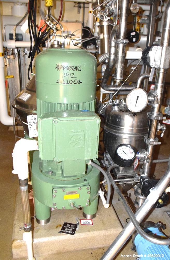 Used Westfalia SC 35-06-577 Desludger Disc Centrifuge. Stainless steel construction on product contact areas, maximum bowl speed 7230 rpm, clarifier design (liquid/solids separation) centripetal pump...