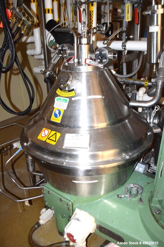 Used Westfalia SC 35-06-577 Desludger Disc Centrifuge. Stainless steel construction on product contact areas, maximum bowl speed 7230 rpm, clarifier design (liquid/solids separation) centripetal pump...