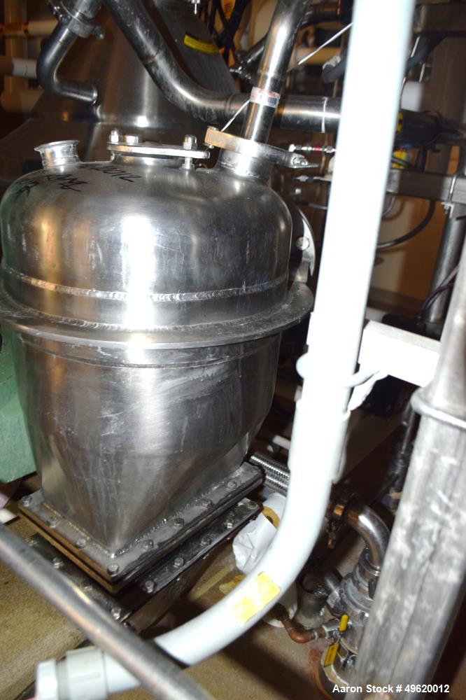 Used Westfalia SC 35-06-577 Desludger Disc Centrifuge. Stainless steel construction on product contact areas, maximum bowl speed 7230 rpm, clarifier design (liquid/solids separation) centripetal pump...