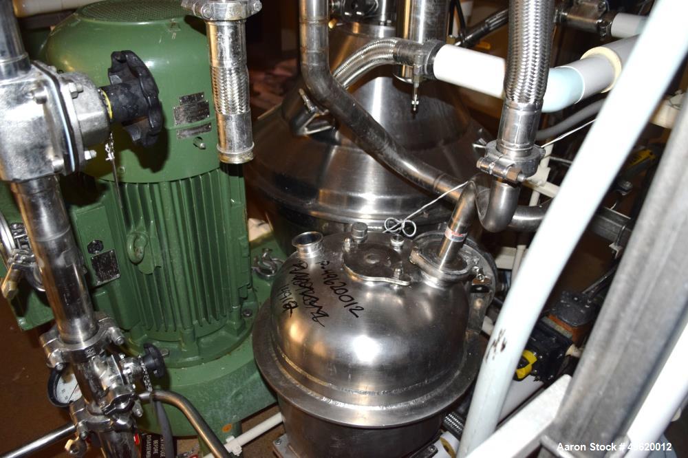 Used Westfalia SC 35-06-577 Desludger Disc Centrifuge. Stainless steel construction on product contact areas, maximum bowl speed 7230 rpm, clarifier design (liquid/solids separation) centripetal pump...