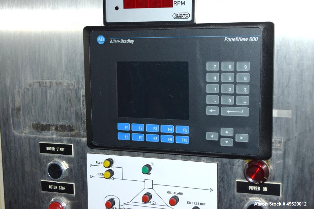 Used Westfalia SC 35-06-577 Desludger Disc Centrifuge. Stainless steel construction on product contact areas, maximum bowl speed 7230 rpm, clarifier design (liquid/solids separation) centripetal pump...
