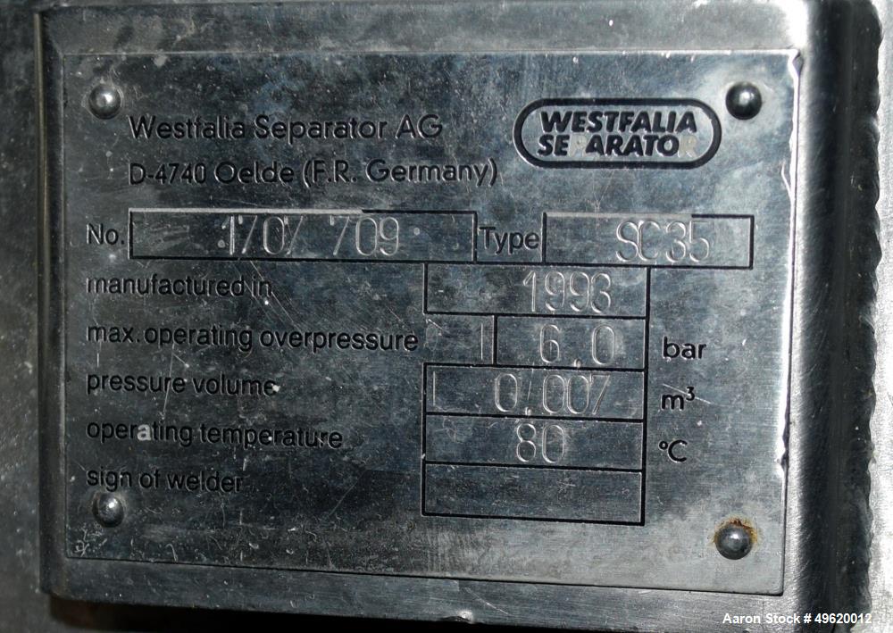 Used Westfalia SC 35-06-577 Desludger Disc Centrifuge. Stainless steel construction on product contact areas, maximum bowl speed 7230 rpm, clarifier design (liquid/solids separation) centripetal pump...