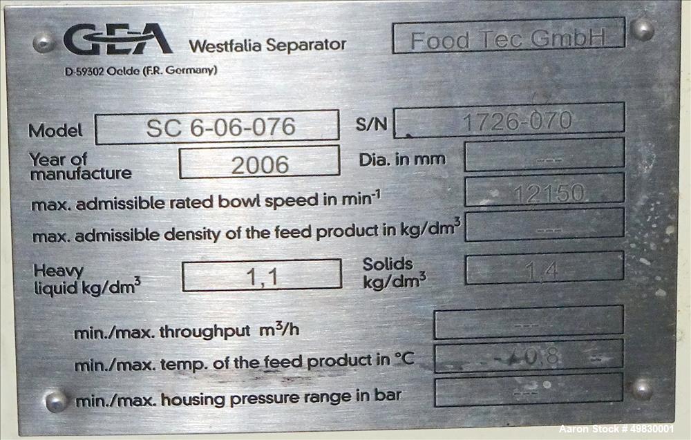 Used GEA Westfalia SC-6-06-076 Desludger Disc Centrifuge