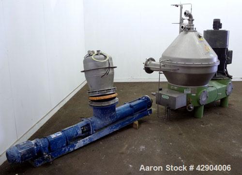Used GEA Westfalia SC-70-36-777 Desludger Disc Centrifuge. Stainless steel construction (product contact areas), clarifier design (liquid/solids separation), timed solids discharge, centripetal pump ...