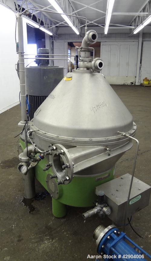 Used GEA Westfalia SC-70-36-777 Desludger Disc Centrifuge. Stainless steel construction (product contact areas), clarifier design (liquid/solids separation), timed solids discharge, centripetal pump ...