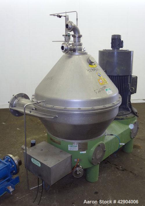 Used GEA Westfalia SC-70-36-777 Desludger Disc Centrifuge. Stainless steel construction (product contact areas), clarifier design (liquid/solids separation), timed solids discharge, centripetal pump ...