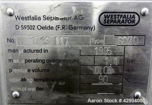 Used GEA Westfalia SC-70-36-777 Desludger Disc Centrifuge. Stainless steel construction (product contact areas), clarifier design (liquid/solids separation), timed solids discharge, centripetal pump ...