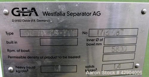 Used GEA Westfalia SC-70-36-777 Desludger Disc Centrifuge. Stainless steel construction (product contact areas), clarifier design (liquid/solids separation), timed solids discharge, centripetal pump ...