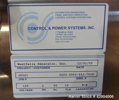 Used GEA Westfalia SC-70-36-777 Desludger Disc Centrifuge. Stainless steel construction (product contact areas), clarifier design (liquid/solids separation), timed solids discharge, centripetal pump ...