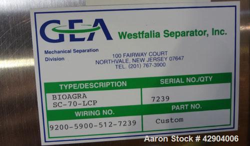 Used GEA Westfalia SC-70-36-777 Desludger Disc Centrifuge. Stainless steel construction (product contact areas), clarifier design (liquid/solids separation), timed solids discharge, centripetal pump ...