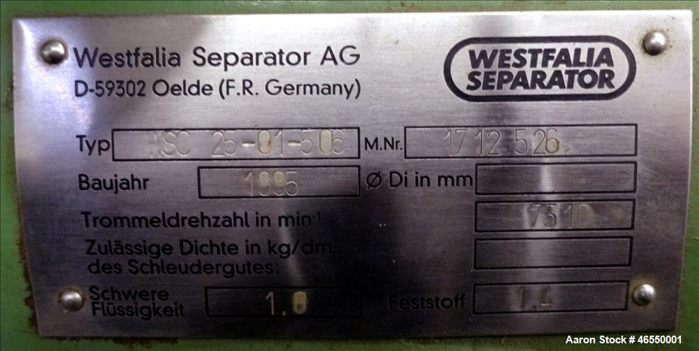Used Westfalia WSC-25-01-506 Disc Centrifuge
