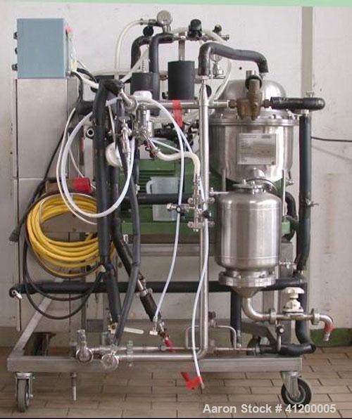 Used Westfalia CSA 1-06-475 Desludger Disc Centrifuge, clarifier design, capacity 100 l/h (26.5 gallons), max speed 9700 rpm, year of manufacture 1987, material of construction stainless steel. 50 cy...