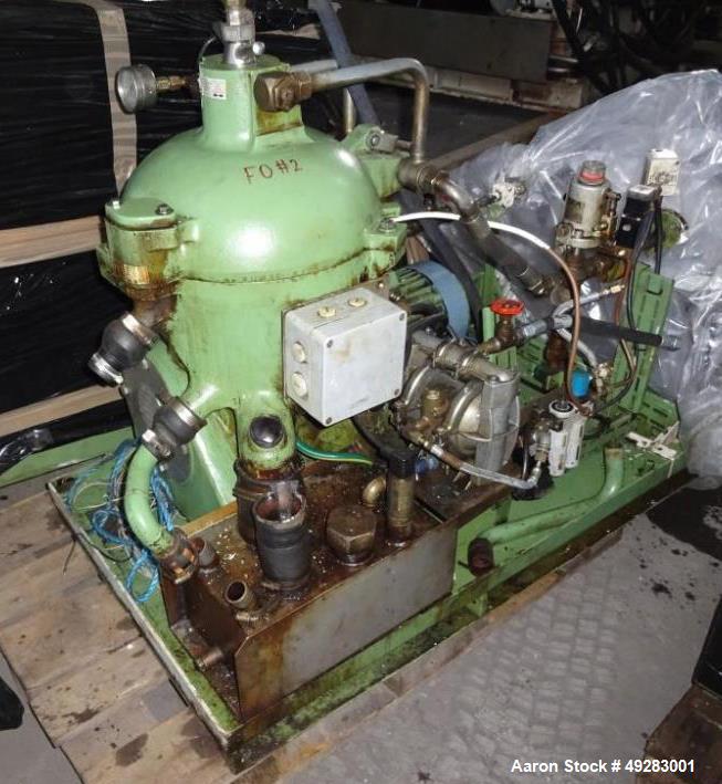 Used GEA-Westfalia OSC-5-02-066/5 Desludger Disc Centrifuge. Stainless steel bowl construction. Max bowl speed 7290 rpm. Separator design (liquid/liquid/solids separation). Light phase centripetal pu...