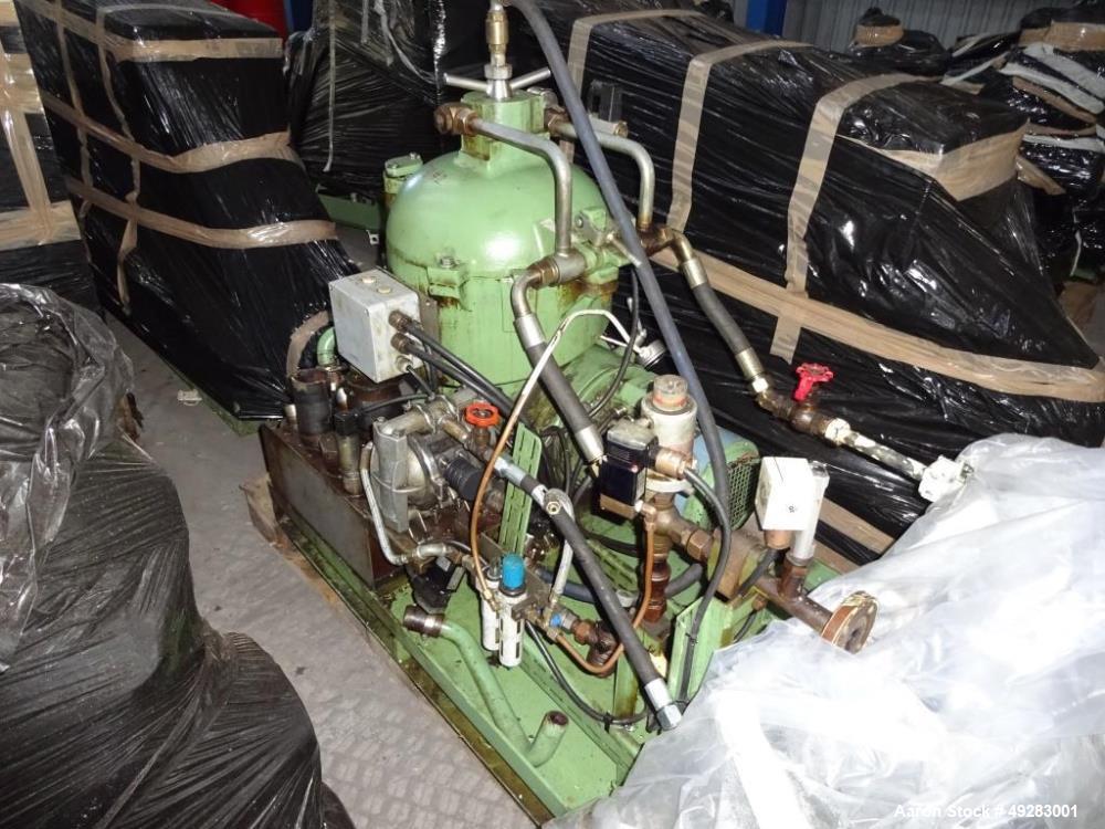 Used GEA-Westfalia OSC-5-02-066/5 Desludger Disc Centrifuge. Stainless steel bowl construction. Max bowl speed 7290 rpm. Separator design (liquid/liquid/solids separation). Light phase centripetal pu...