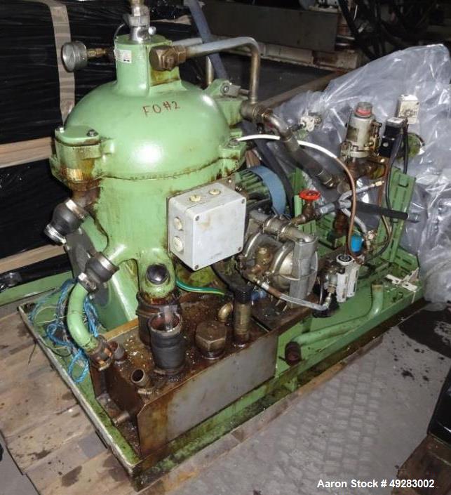 Used GEA-Westfalia OSC-5-02-066/5 Desludger Disc Centrifuge. Stainless steel bowl construction. Max bowl speed 7290 rpm. Separator design (liquid/liquid/solids separation). Light phase centripetal pu...