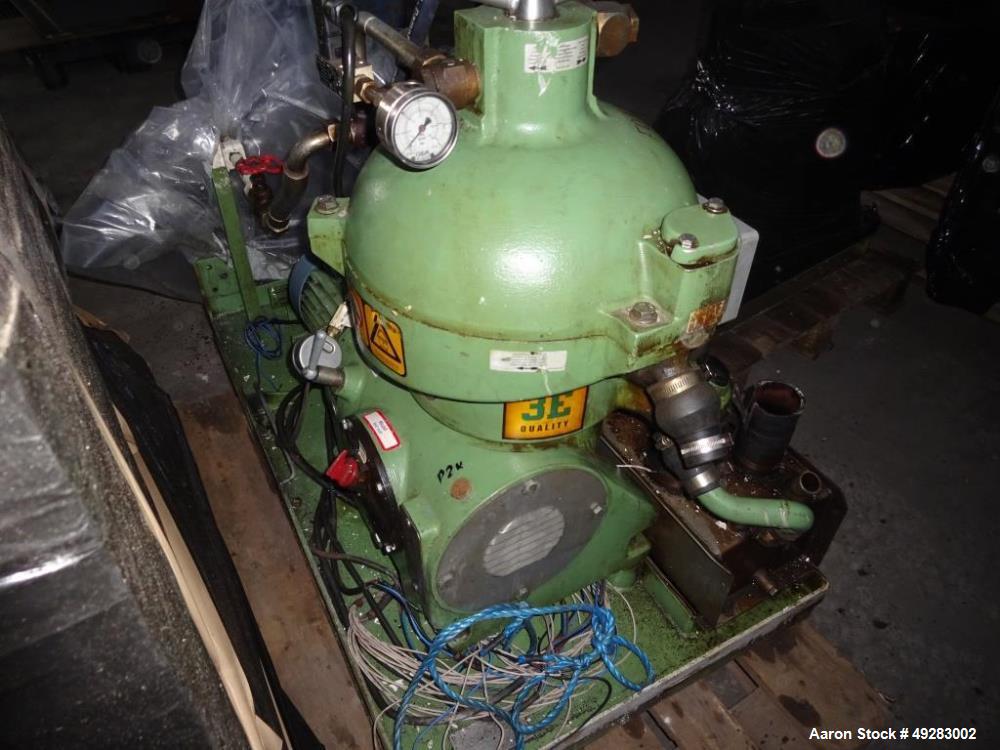 Used GEA-Westfalia OSC-5-02-066/5 Desludger Disc Centrifuge. Stainless steel bowl construction. Max bowl speed 7290 rpm. Separator design (liquid/liquid/solids separation). Light phase centripetal pu...