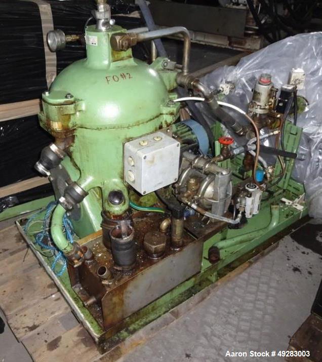 Used GEA-Westfalia OSC-5-02-066/5 Desludger Disc Centrifuge. Stainless steel bowl construction. Max bowl speed 7290 rpm. Separator design (liquid/liquid/solids separation). Light phase centripetal pu...