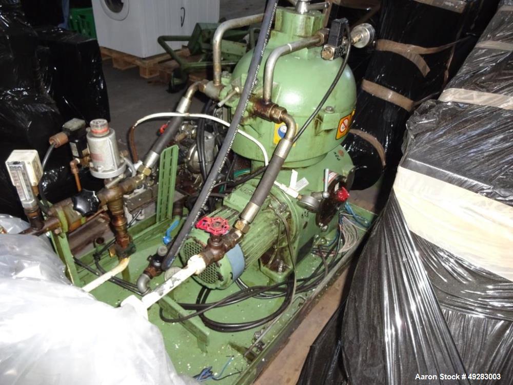 Used GEA-Westfalia OSC-5-02-066/5 Desludger Disc Centrifuge. Stainless steel bowl construction. Max bowl speed 7290 rpm. Separator design (liquid/liquid/solids separation). Light phase centripetal pu...