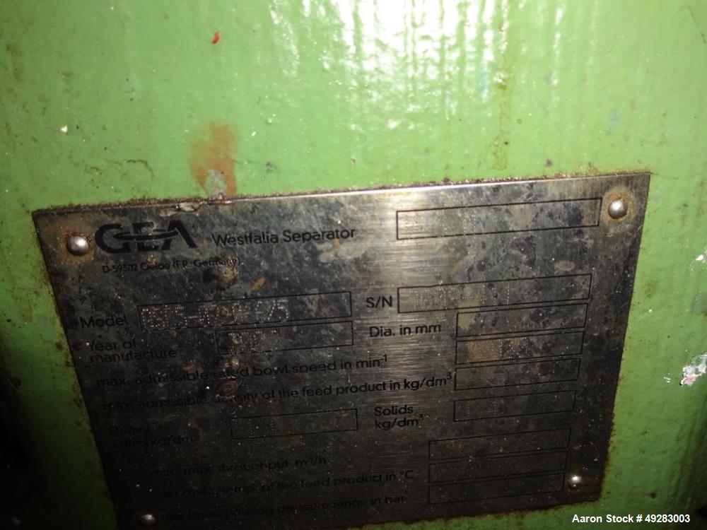 Used GEA-Westfalia OSC-5-02-066/5 Desludger Disc Centrifuge. Stainless steel bowl construction. Max bowl speed 7290 rpm. Separator design (liquid/liquid/solids separation). Light phase centripetal pu...