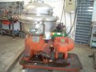 Used Alfa Laval BRPX-213-35H-11 Desludger Disc Centrifuge, Stainless Steel. Max bowl speed 1420-1500 rpm by an approximate 18.5 kW (25 hp), 3/50/280 volt, 1460 rpm motor.