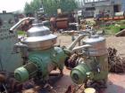 Used Westfalia separator, type RSA60-01-076. Material of construction is 316 stainless steel. Max bowl speed 6450 rpm by a 22.5 hp/15 kw-380 volt/50 cycle/3 ph motor. Includes sludge tank.