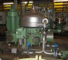 Used Westfalia SA-160-33-177 Desludger Disc Centrifuge. Stainless steel construction (product contact areas), separator design (liquid/solids separation). Max bowl speed 3300 rpm. Light phase gravity...