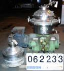 USED: Westfalia SA-20-06-576 desludger disc centrifuge, 316 stainless steel construction (product contact areas). Max bowl speed 6540 rpm, clarifier design, centripetal pump liquid discharge, direct ...