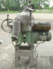 Used Westfalia SA7-06-076 Desludger Disc Centrifuge, 316 Stainless Steel Construction (Product Contact Areas). Maximum bowl speed 8400 rpm, clarifier design, centripetal pump liquid discharge. Driven...