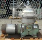 Used Westfalia Disc Centrifuge, Model SAMN-5036, 329 stainless steel. Maximum bowl speed 6500 rpm, centripetal pump liquid discharge. Direct driven by an approximately 20 hp motor.